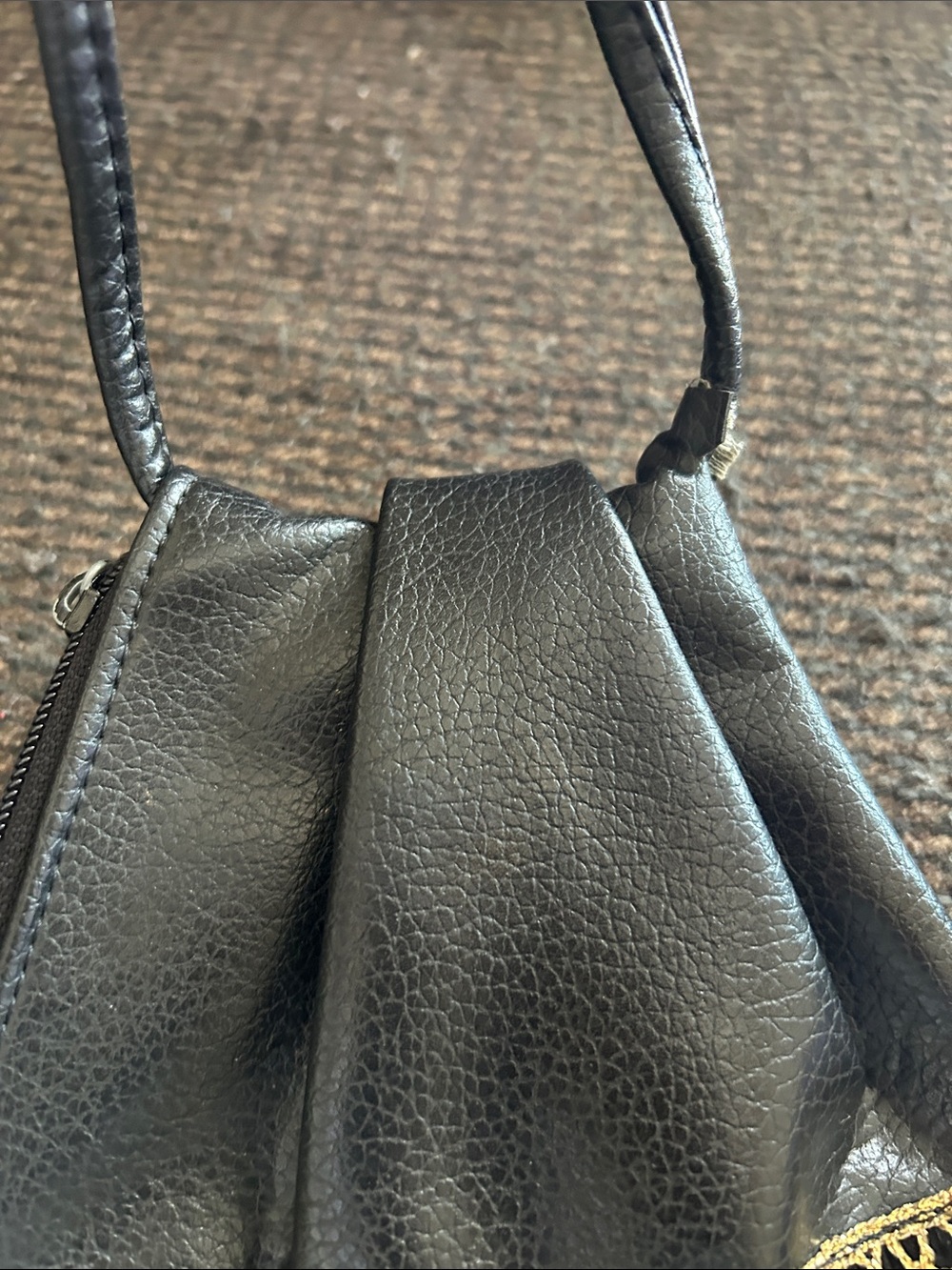 Black Vintage faux leather Embellished Pouch bag with Purple Floral accents. - Picture 5 of 11